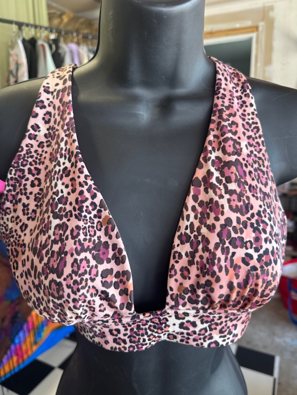 Pink Leopard Print V-Neck Bikini Top